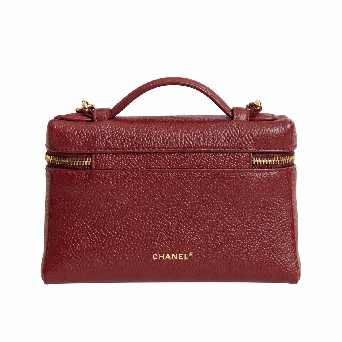 Chanel Crimson Caviar Mini Vanity Case | Triple-Strand Gold Chain — 19cm