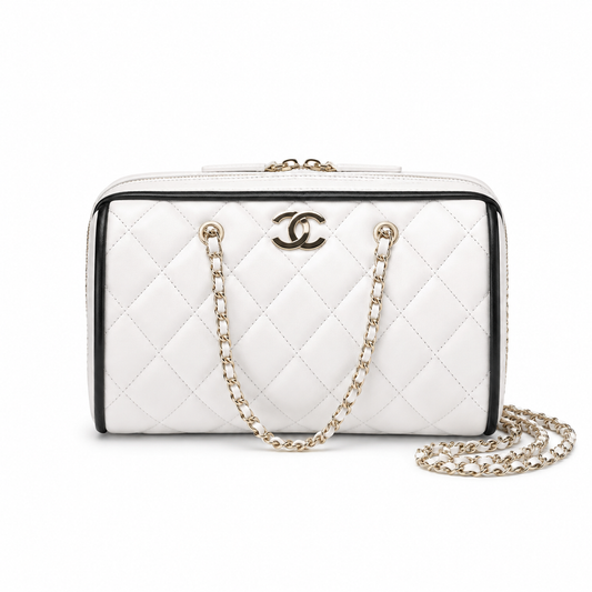 Chanel Quilted Barrel Bag | CC Logo Gold Chain White Black — 11.5x18.5cm