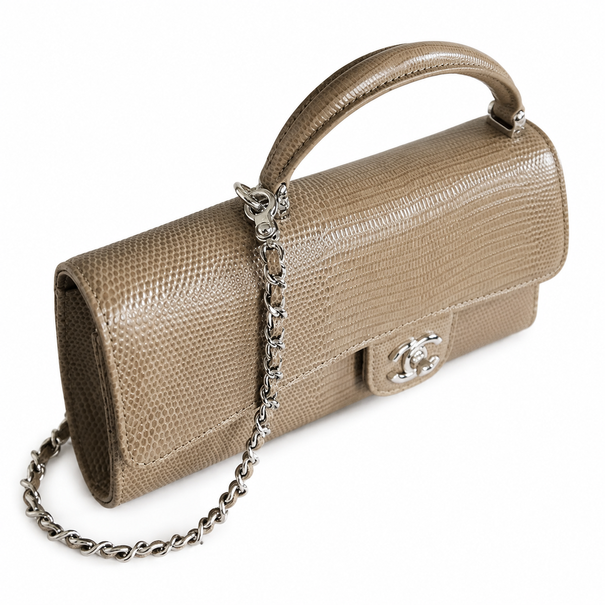 Chanel Bronze Metallic Lizard-Embossed Baguette Flap Bag | Top Handle & Silver Chain