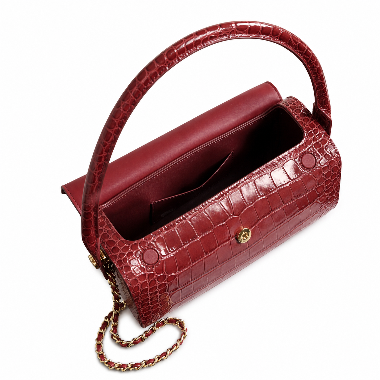 Chanel CC Croc-Embossed Cylindrical Flap Bag | Burgundy & Gold — 23cm
