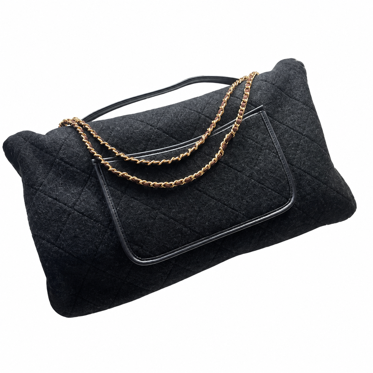 Chanel Wool Felt Quilted Maxi Flap Bag | CC Turn-Lock Gold Red Chain Black — 50x28cm