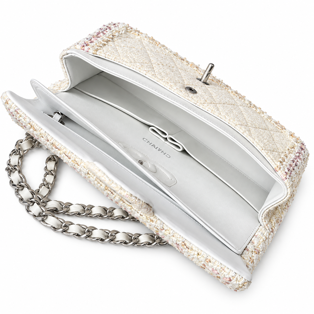 Chanel Classic Flap Quilted Tweed Multicolour Trim Ivory Silver 25cm