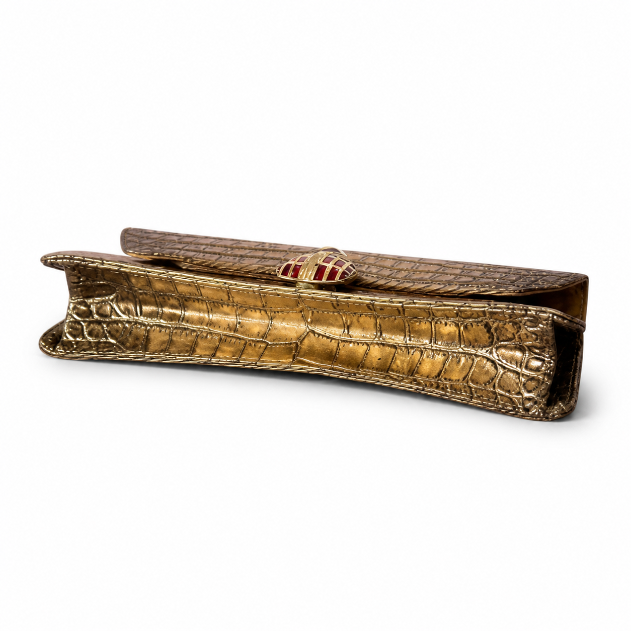 Chanel Gold Croc-Embossed Evening Clutch | Jeweled Scarab — Blue Lapis & Red Enamel Gold Star — 30cm