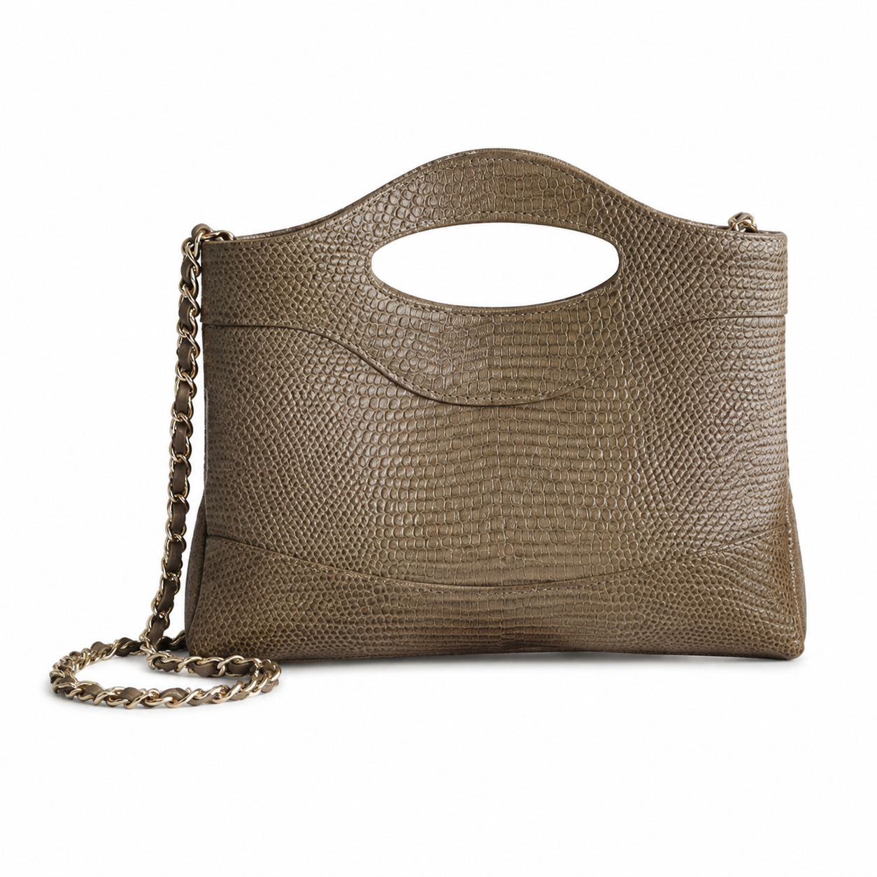 Chanel Olive Brown Lizard-Embossed Leather Tote | Cut-Out Handle, CC Logo & Gold Chain