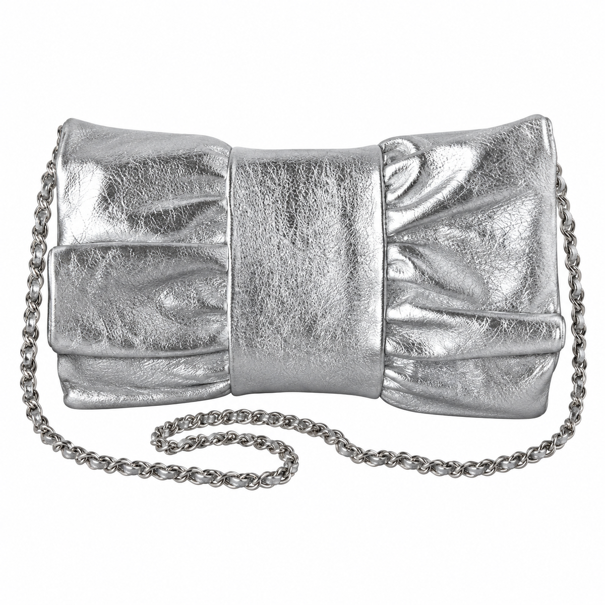 Chanel Bow Bag Ruched Metallic Crinkled Calfskin Silver 22cm
