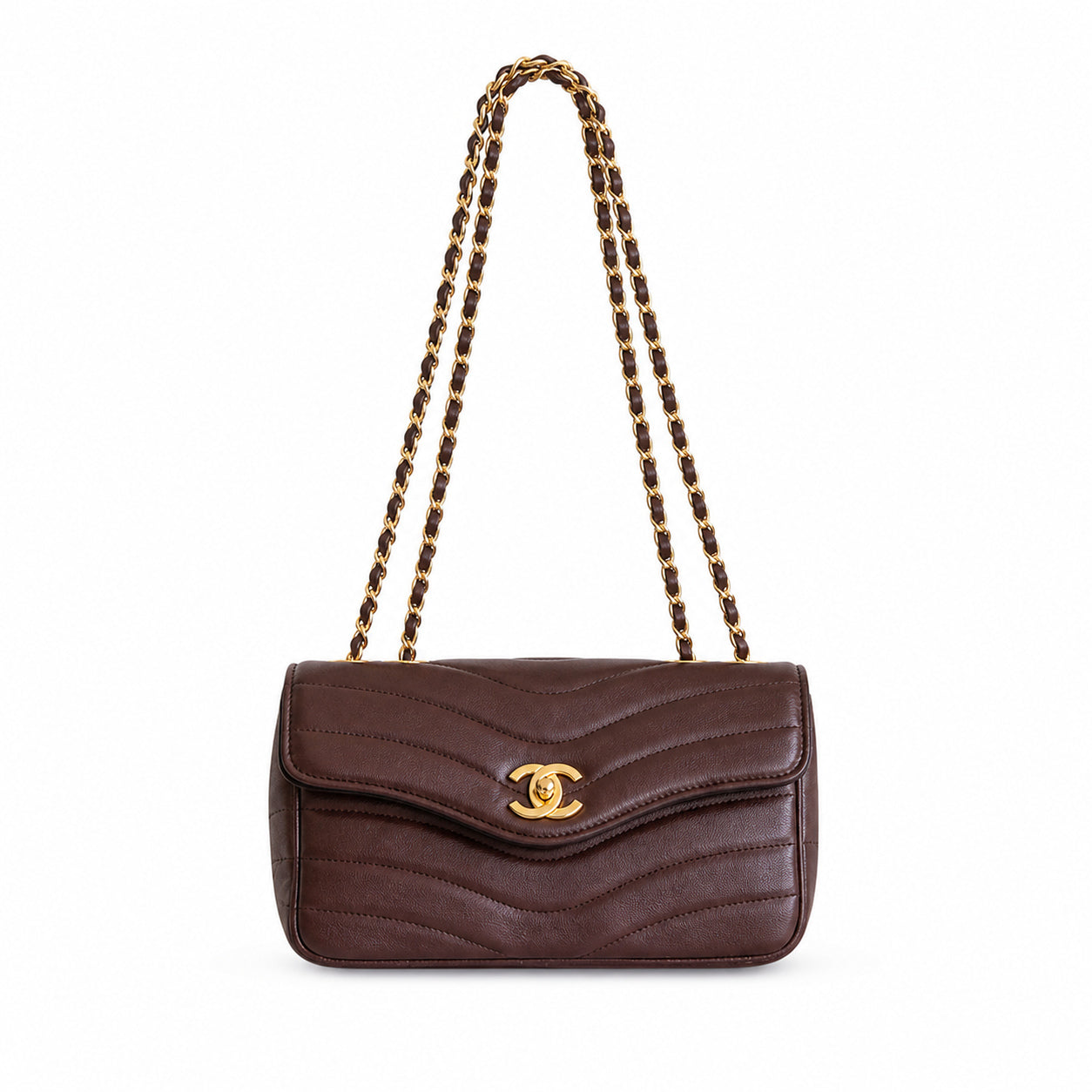 Chanel Wave-Quilted Mini Flap Dark Chocolate Lambskin | Gold CC & Black Flap Piping — 27cm
