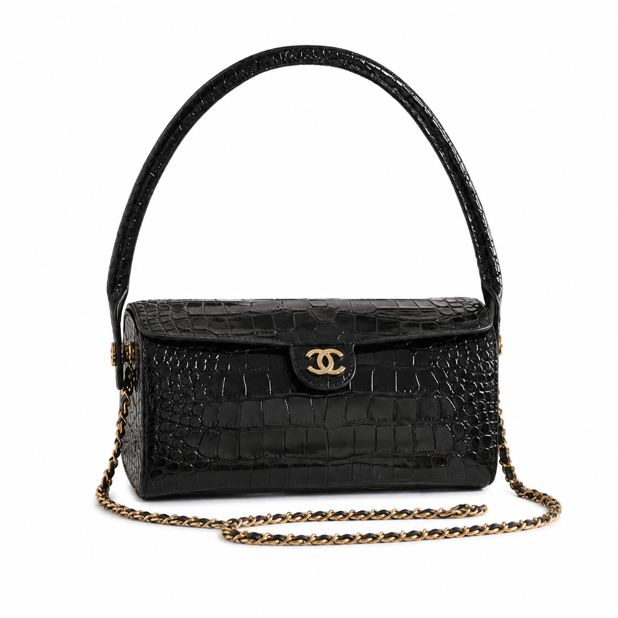 Chanel Black Croc-Embossed Patent Boxy Flap Bag | Arched Handle, Gold Turn-Lock & Chain