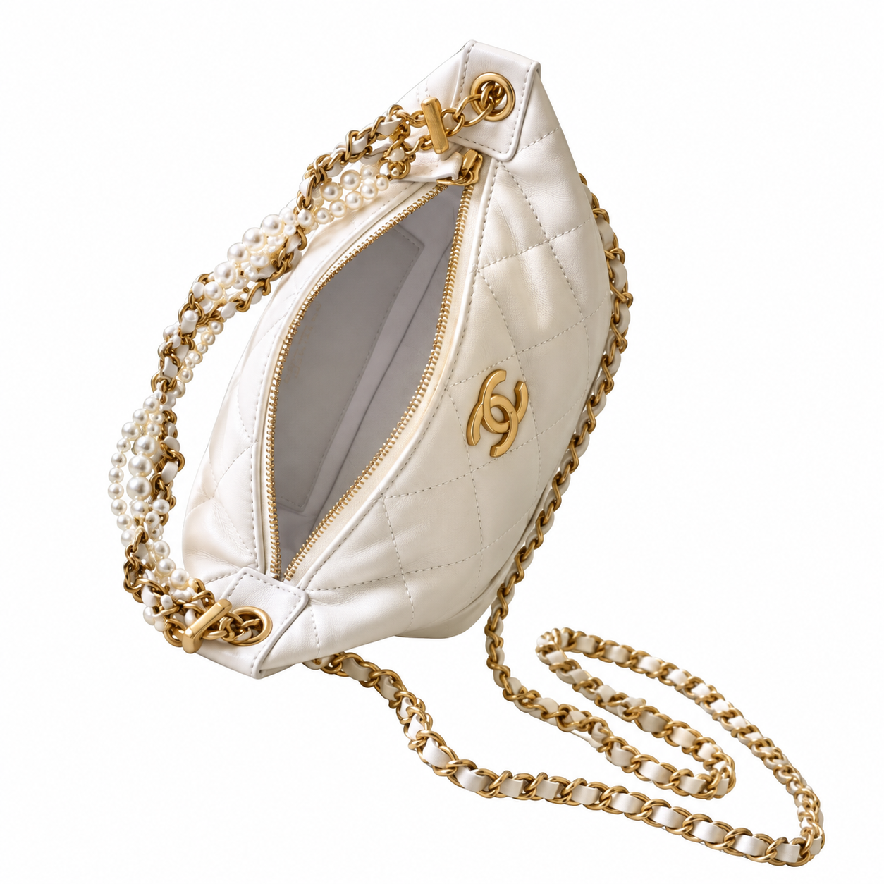 Chanel Quilted Zip Hobo Bag White 13×23.5×7.5cm