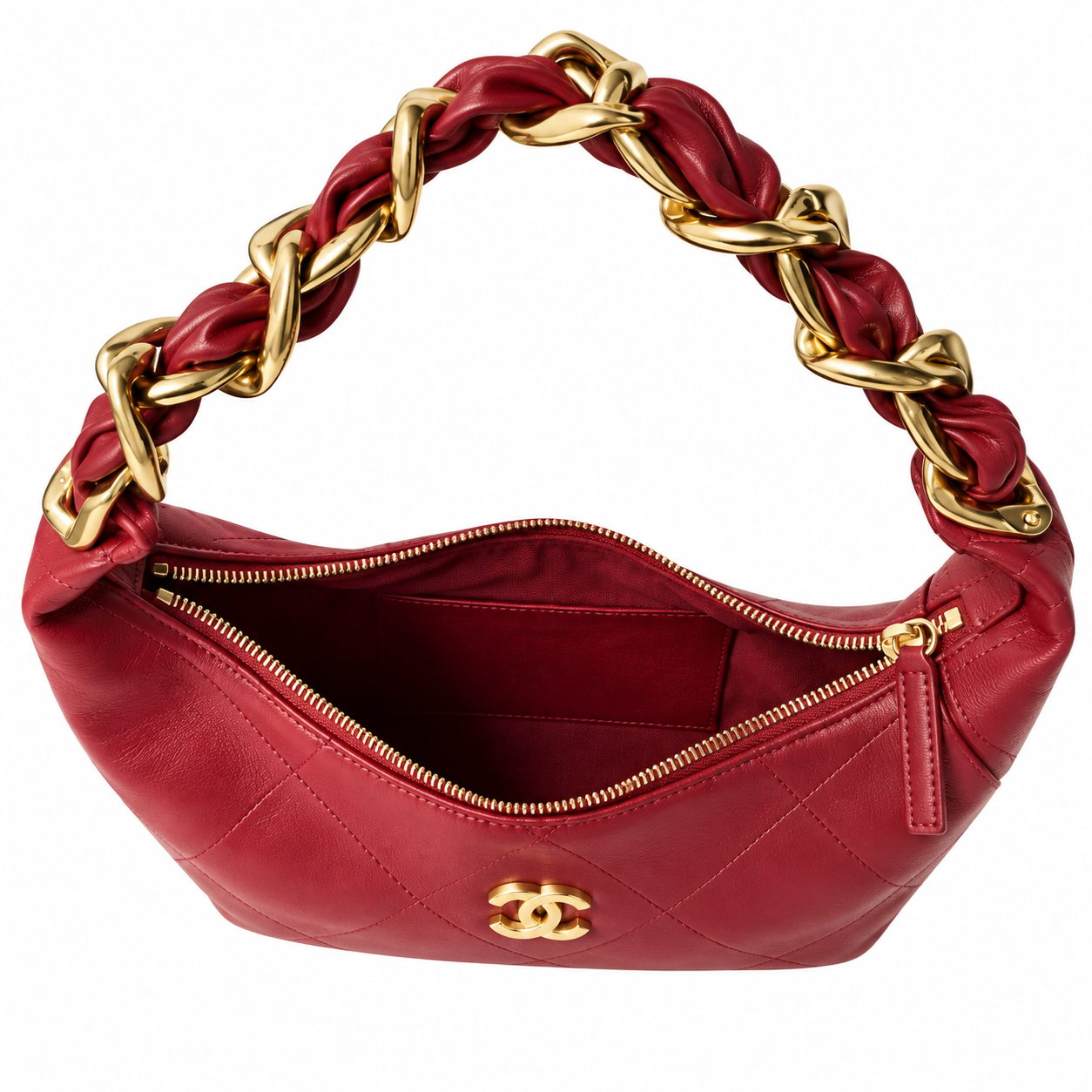 Chanel Zip Hobo Quilted Lambskin Red Chunky Chain Handle Gold 28cm
