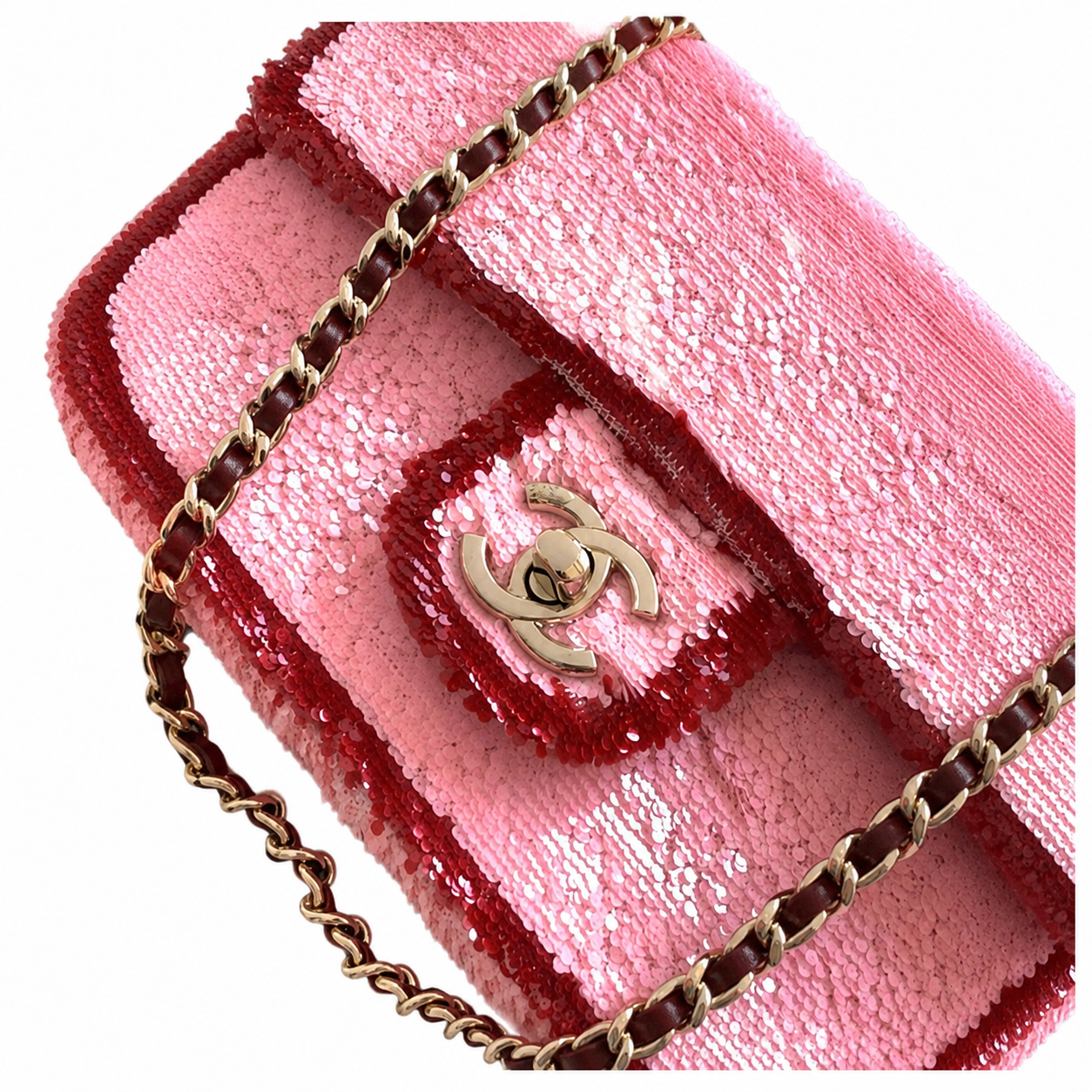 Chanel Pale Pink & Burgundy Sequin Flap Bag | Precision Geometric Border, Rose Gold Chain & Hidden CC Zip Pull
