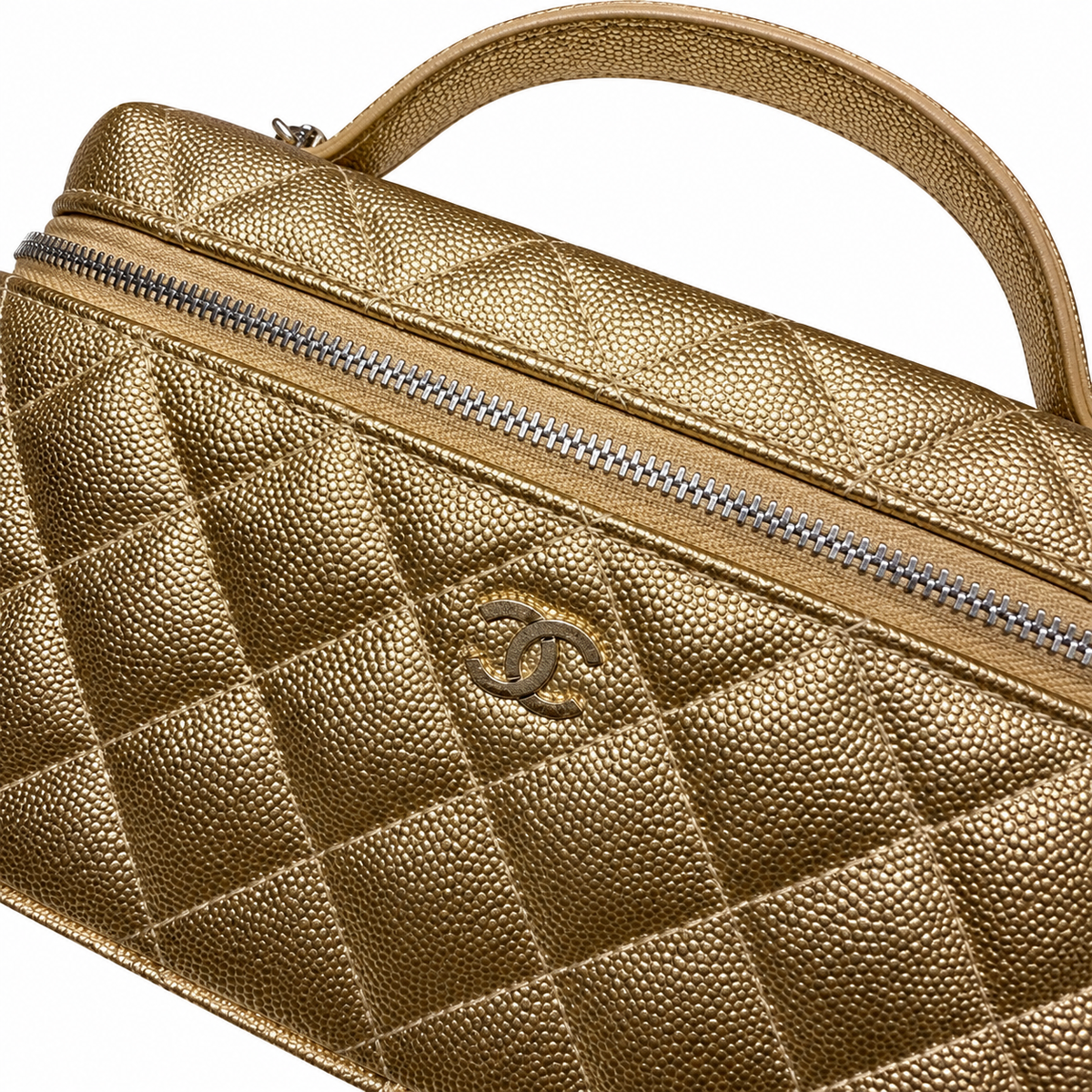 Chanel Quilted Gold Metallic Caviar Vanity Case Bag Silver Hardware 19.5cm