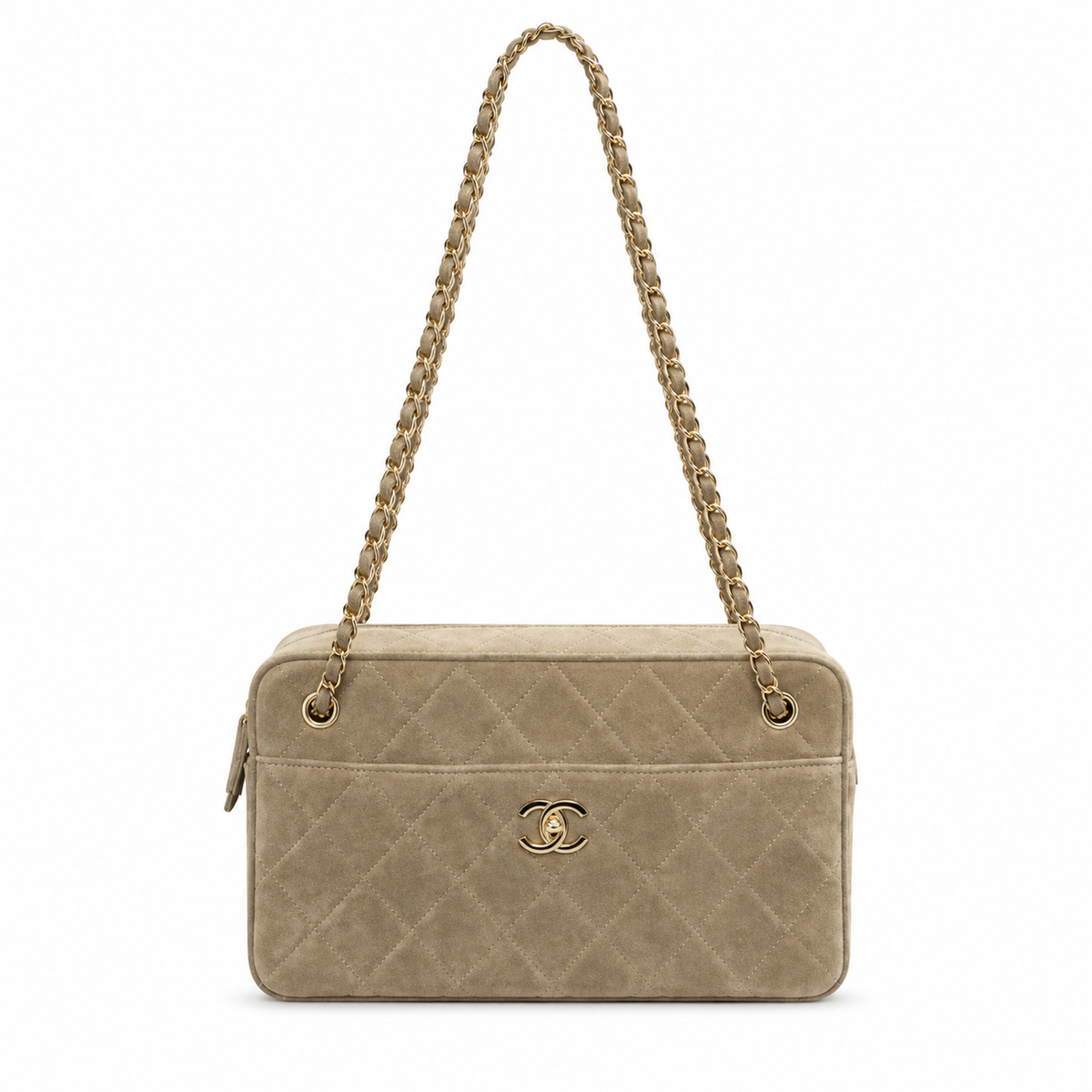 Chanel Camel Suede Quilted Camera Bag | CC Turn-Lock Front Pocket, Top Zip & Gold Chain