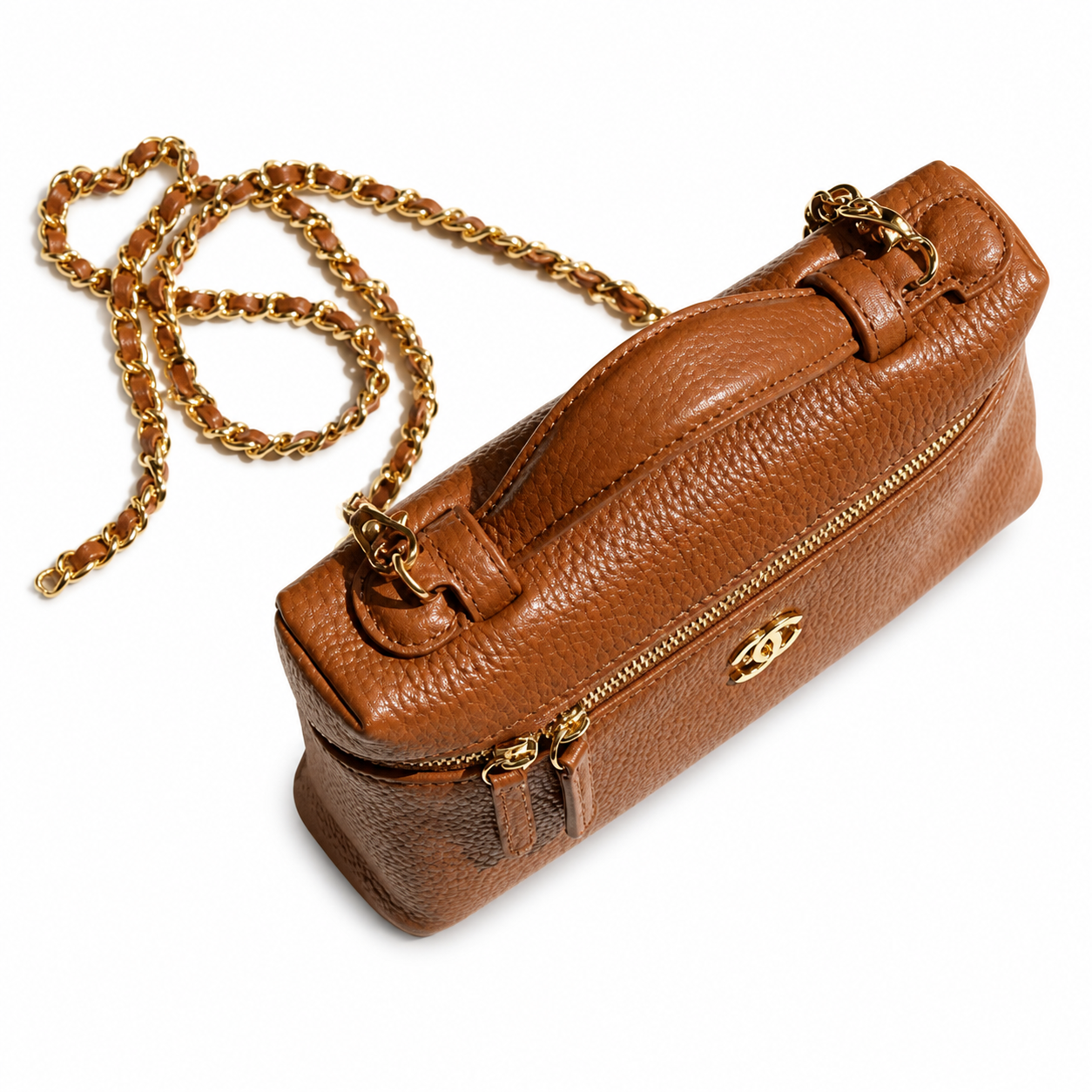Chanel Caramel Caviar Mini Vanity Case | CC Turn-Lock & Front Zip Pocket — 19cm