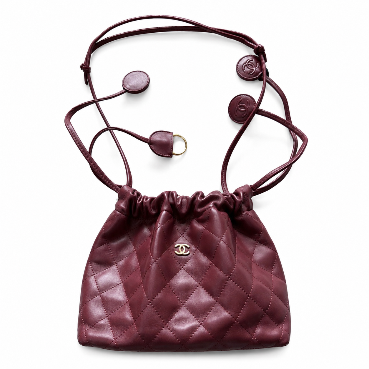 Chanel Burgundy Lambskin Quilted Drawstring Bucket Bag | Triple CC Coin Charms & Adjustable Strap