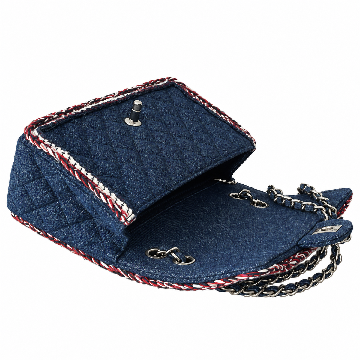 Chanel Quilted Navy Denim Flap Bag Multicolor Braid Trim 25cm