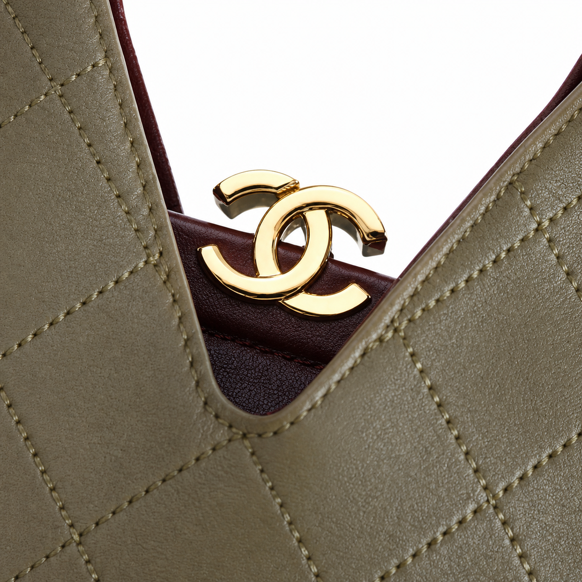 Chanel Large Hobo Bag Sage Green Diamond-Quilted Lambskin | Burgundy Interior & Gold CC Clasp — 32cm