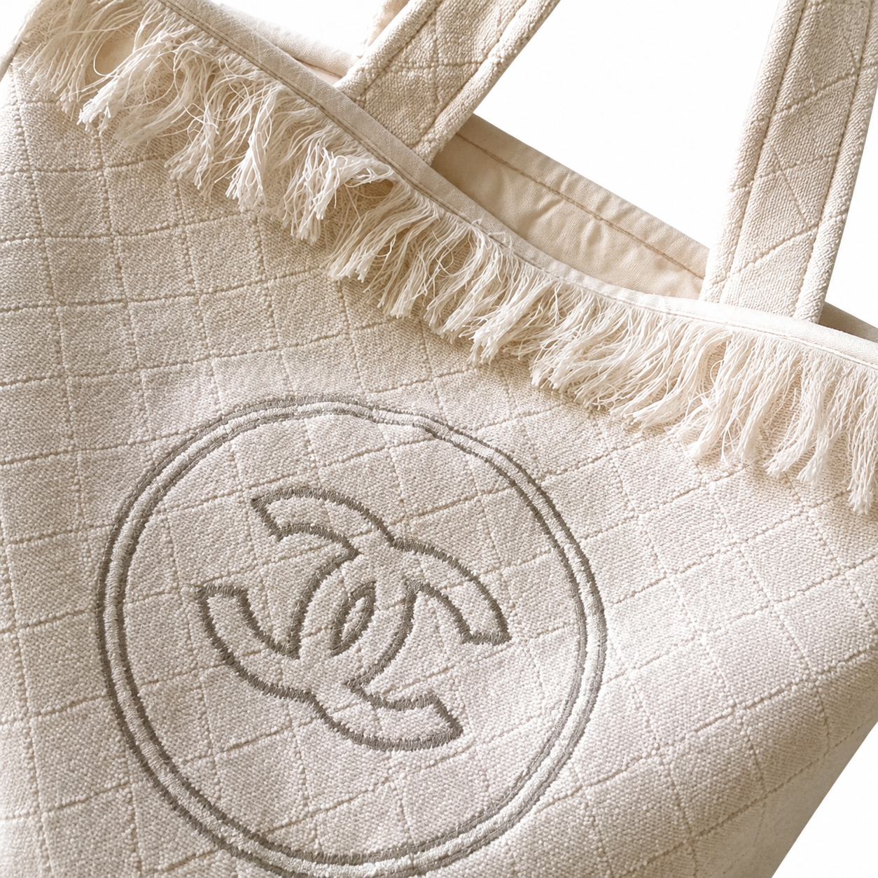 Chanel Ivory Quilted Canvas Large Fringe Tote | Oversized Tonal Embroidered CC, Open Top & Matching Mini Pouch