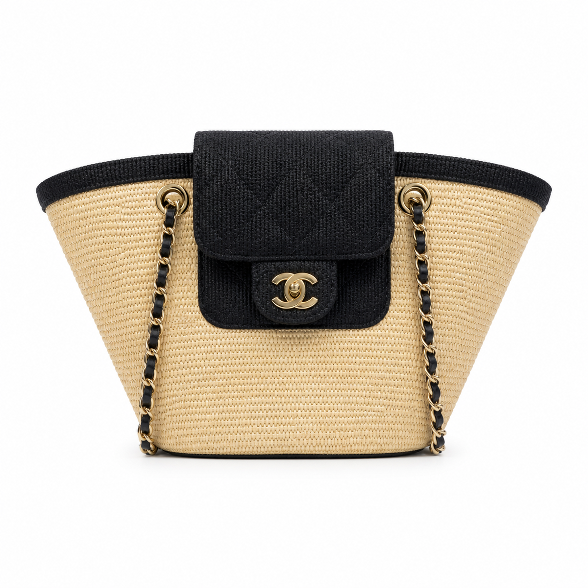 Chanel Small Basket Bag Natural Raffia & Black Grosgrain | Gold CC Turn-Lock & Side Zip — 41cm