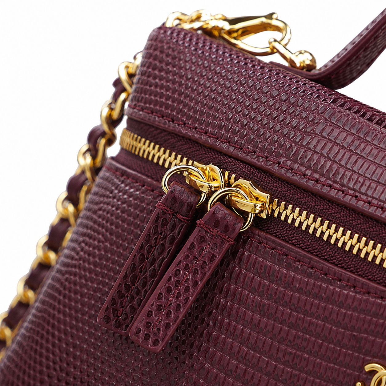 Chanel Deep Plum Lizard-Embossed Mini Top-Handle Bag | Tonal Chain, Gold Zip & CC Badge