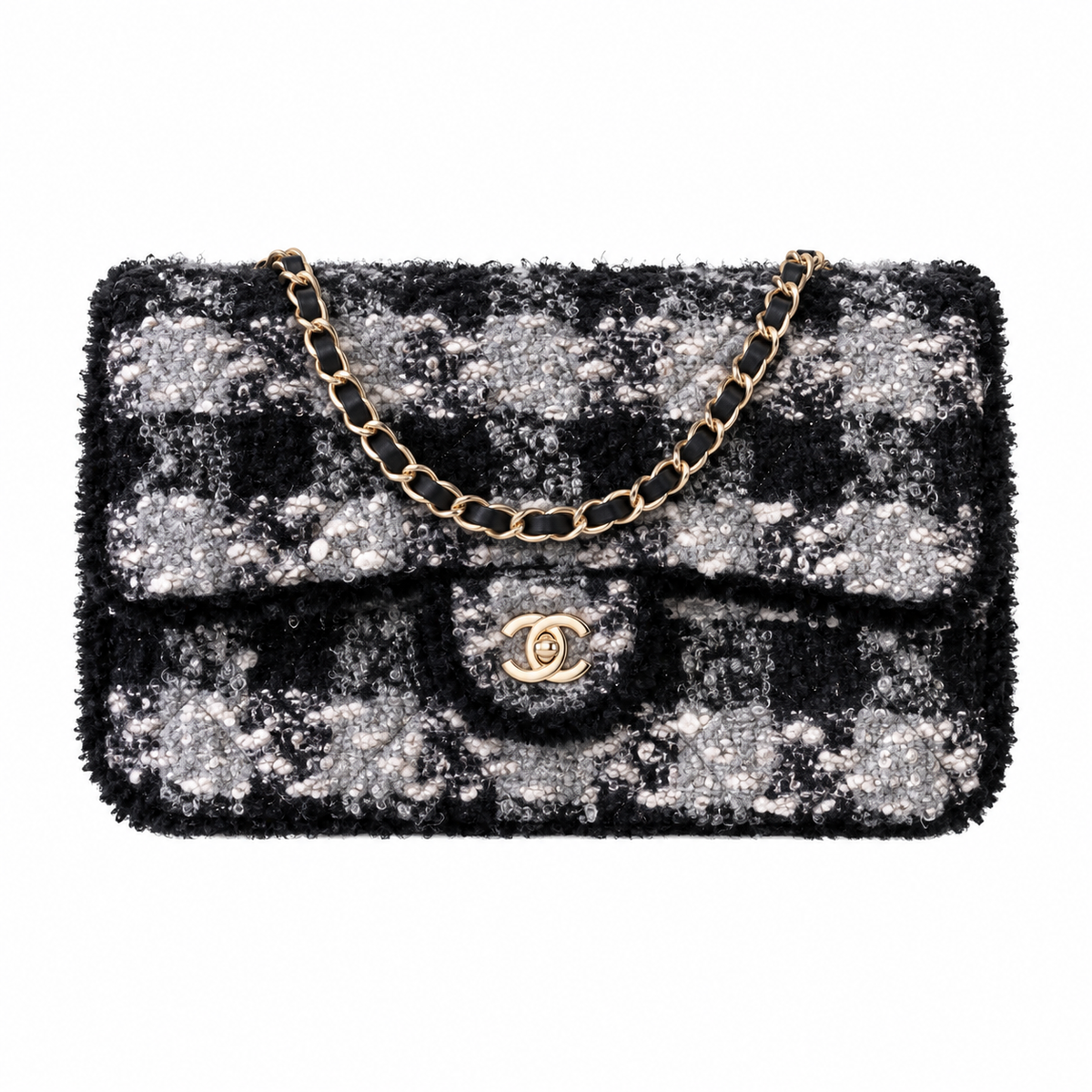 Chanel Houndstooth Tweed Classic Flap Bag Black 21×33×10cm