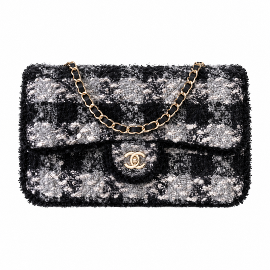 Chanel Houndstooth Tweed Classic Flap Bag Black 21×33×10cm