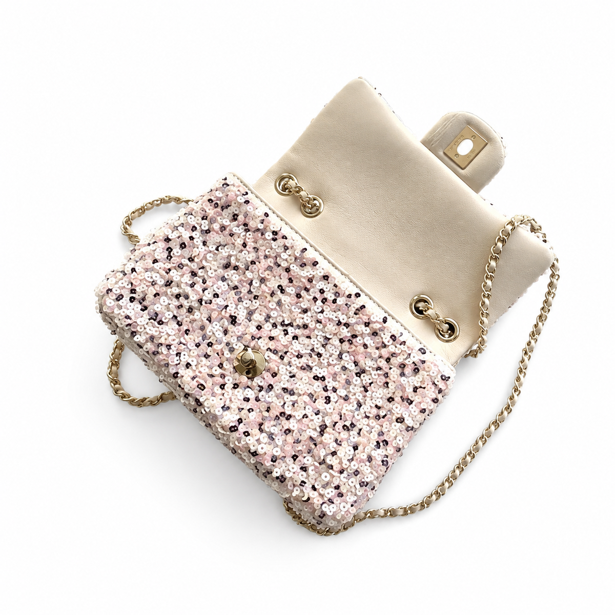Chanel Floral Sequin Flap Bag | CC Turn-Lock Gold Chain Pink — 20cm