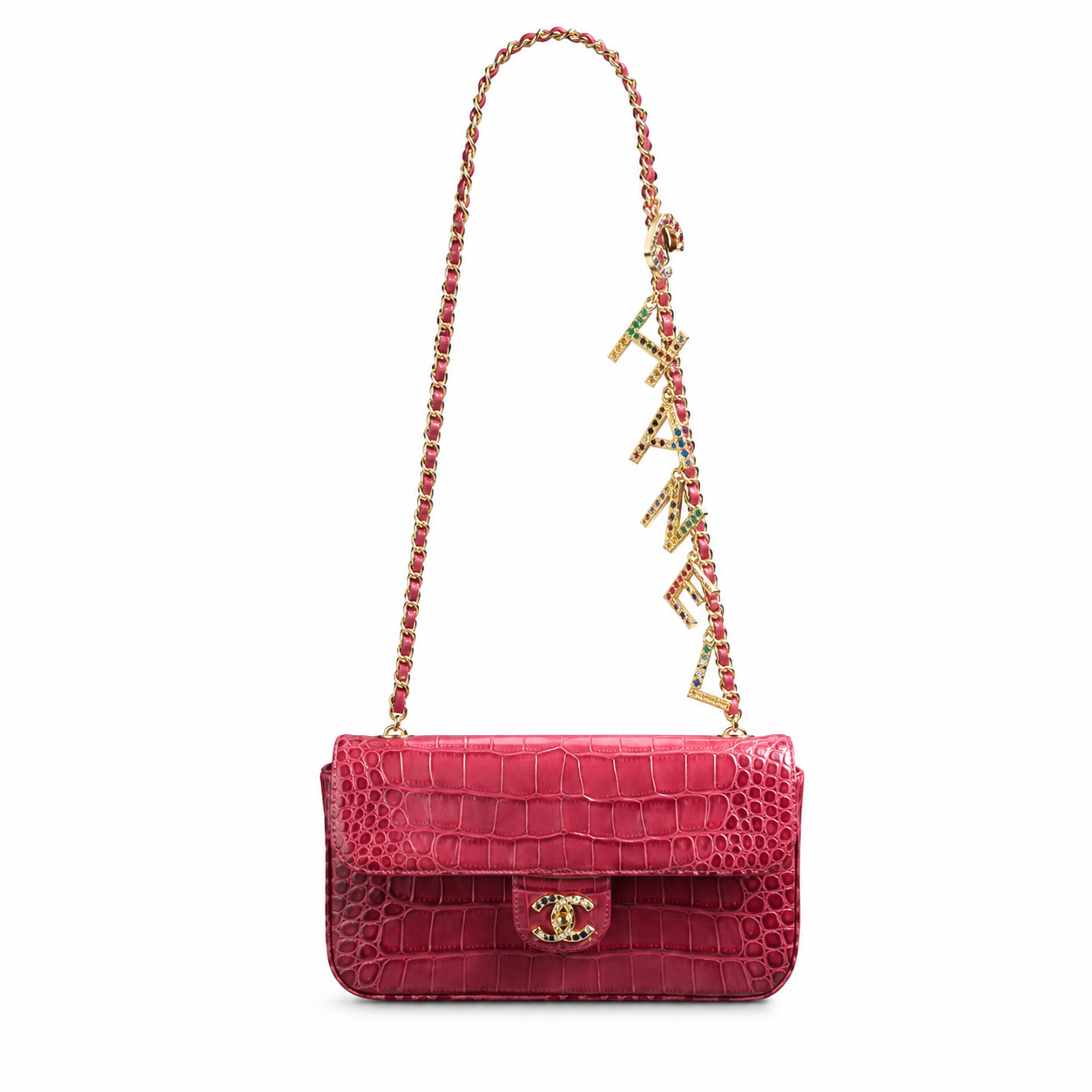 Chanel Ruby Red Croc-Embossed Flap Bag | Gold Bar Push-Lock & Multi-Stone Jewelled Tassel