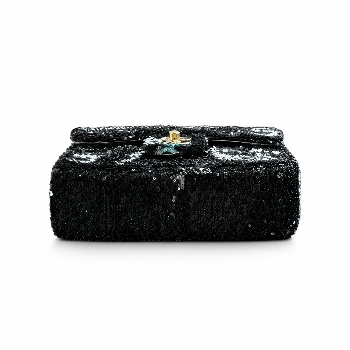 Chanel Black & Silver Sequin Mini Flap Bag | Camellia & Teal Gemstone CC — 21cm