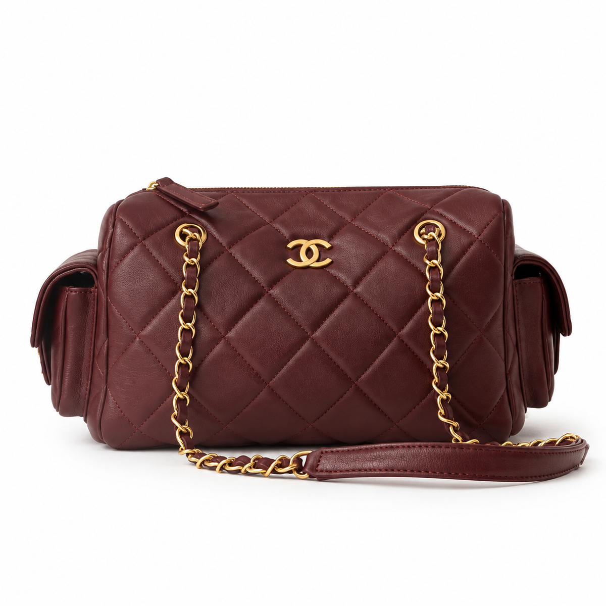 Chanel Deep Burgundy Lambskin Square-Quilt Camera Bag | Antique Gold CC, Side Pockets & Double Chain with Leather Strap