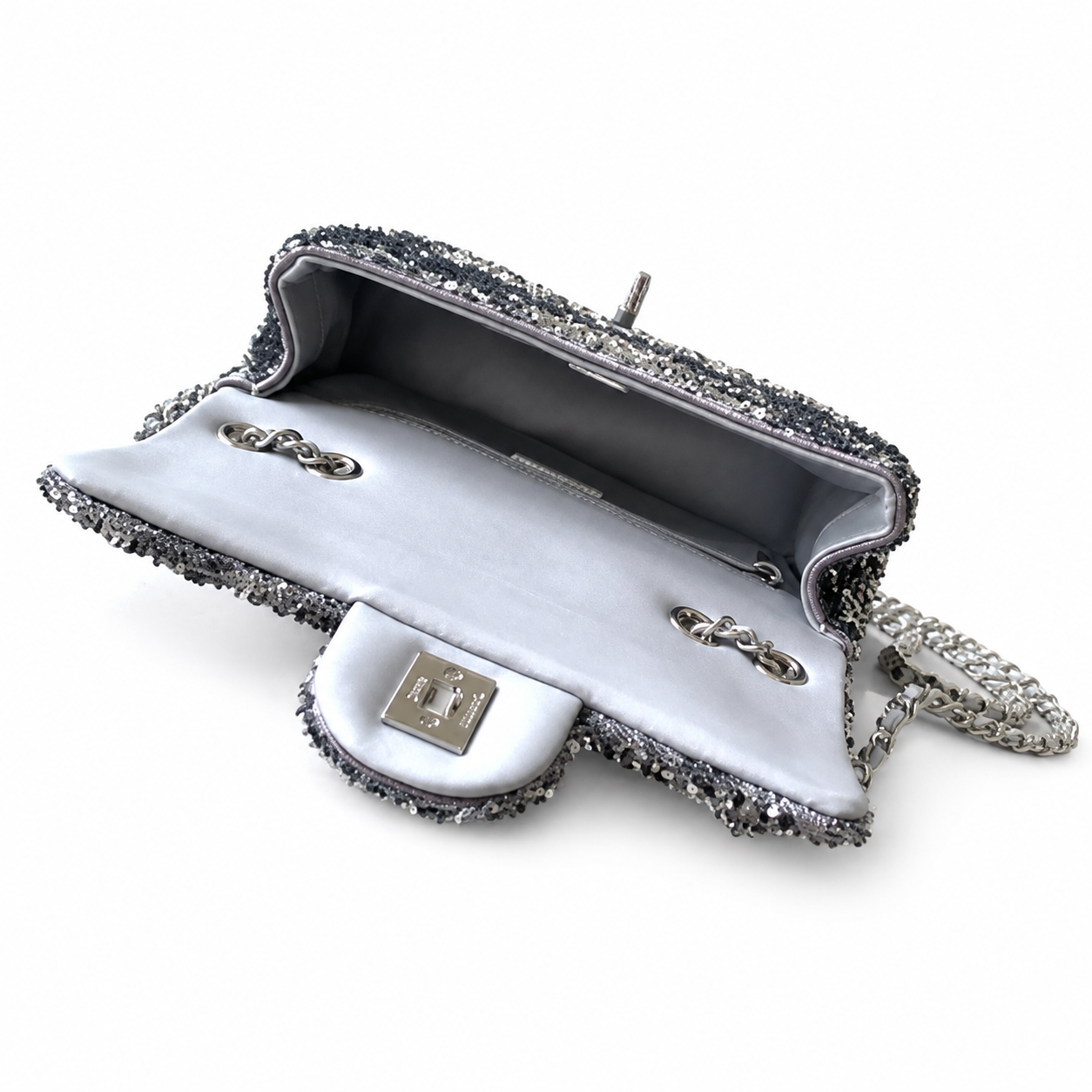 Chanel Charcoal Sequin Flap Bag | Crystal Tennis Chain Strap & Silver Snap Closure