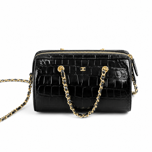 Chanel Black Croc-Embossed Mini Bowling Bag | Dual Gold Zippers — 19cm