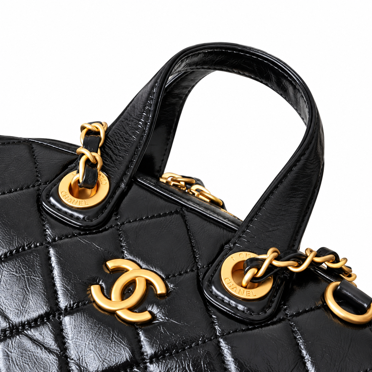 Chanel Quilted Aged Calfskin Bowling Bag Black Gold CC 21cm