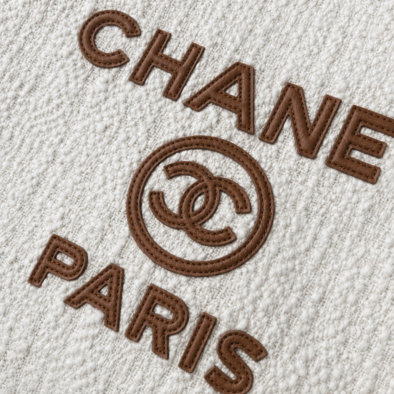 Chanel Deauville Tote Ivory Bouclé | Tan Leather CHANEL CC PARIS Appliqué & Gold Coin — 33cm