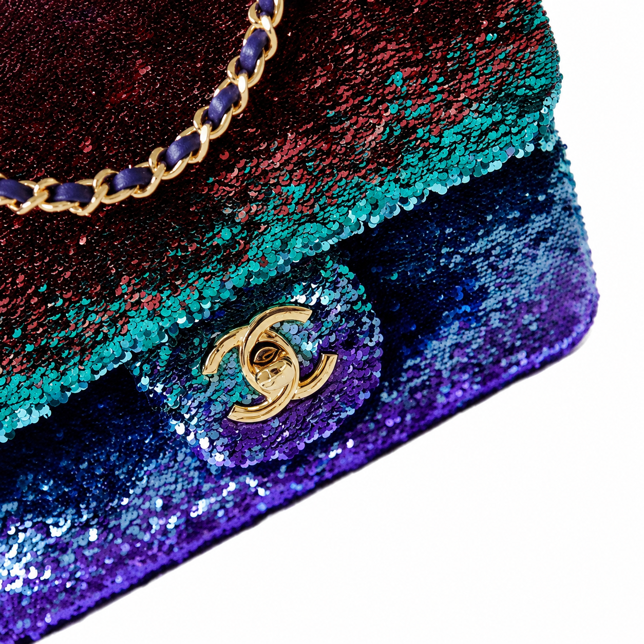 Chanel Aurora Ombré Sequin Flap Bag | Burgundy to Teal to Violet 5-Zone Gradient, Champagne Gold CC & Purple Chain