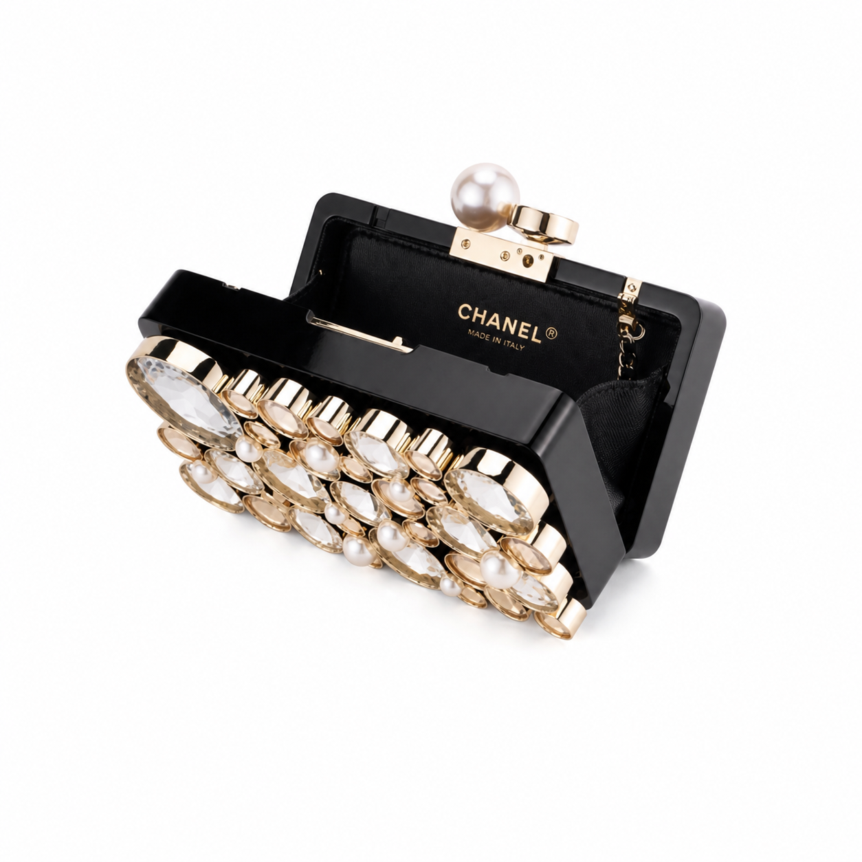 Chanel CC Crystal & Pearl Box Clutch | Black Lacquer & Gold Chain — 16cm
