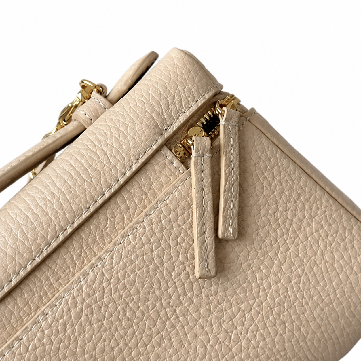 Chanel Cream Pebbled Leather Mini Camera Bag | Top Handle, Zip & Gold Chain