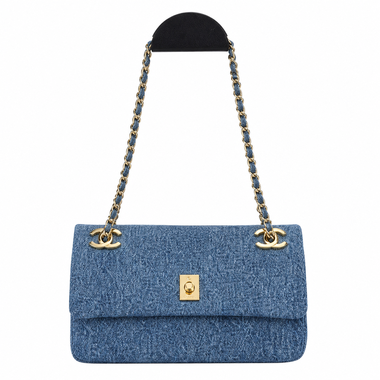 Chanel Medium Blue Denim Single Flap | Denim-Interwoven Gold Chain & CC Clips — 22cm