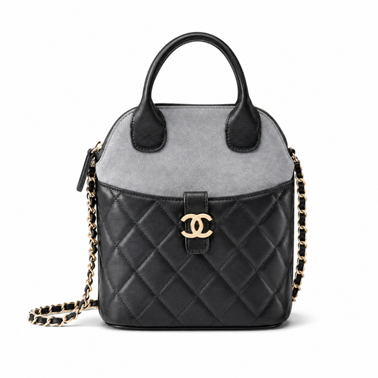 Chanel Grey Suede & Black Leather Mini Bucket Bag | Dual Round Top Handles, Gold CC Connector & Chain Strap