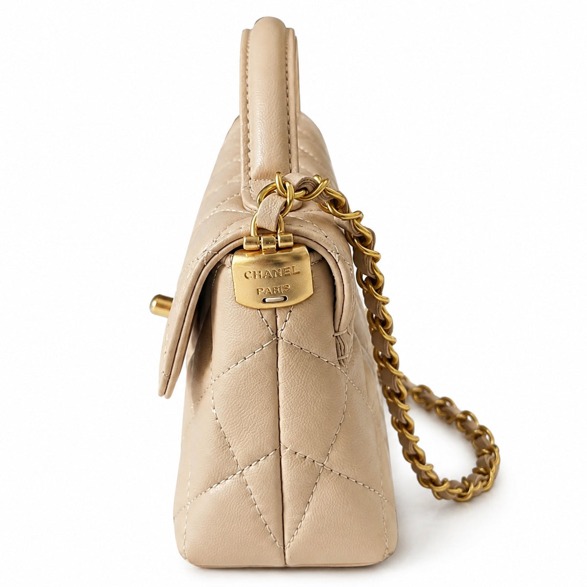 Chanel Nude Beige Lambskin Quilted Mini Flap Bag | CHANEL PARIS Gold Padlock Clasp & Gold Chain