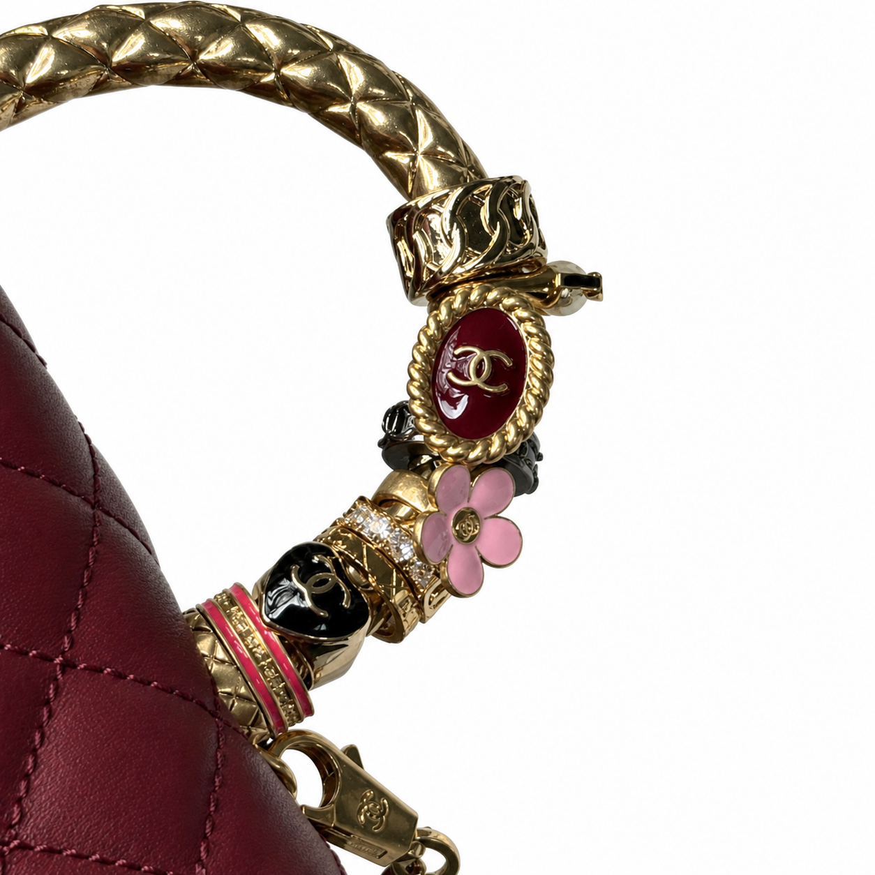 Chanel Burgundy Quilted Lambskin Mini Flap | Camellia Charm Jeweled Handle — 19cm