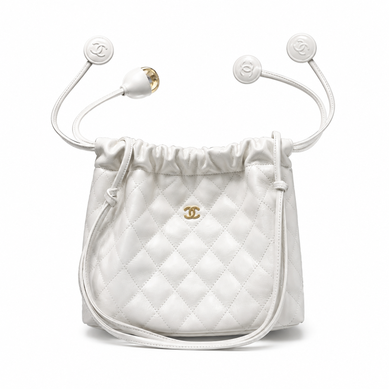 Chanel White Lambskin Quilted Drawstring Bucket Bag | Triple CC Coin Charms & Adjustable Strap