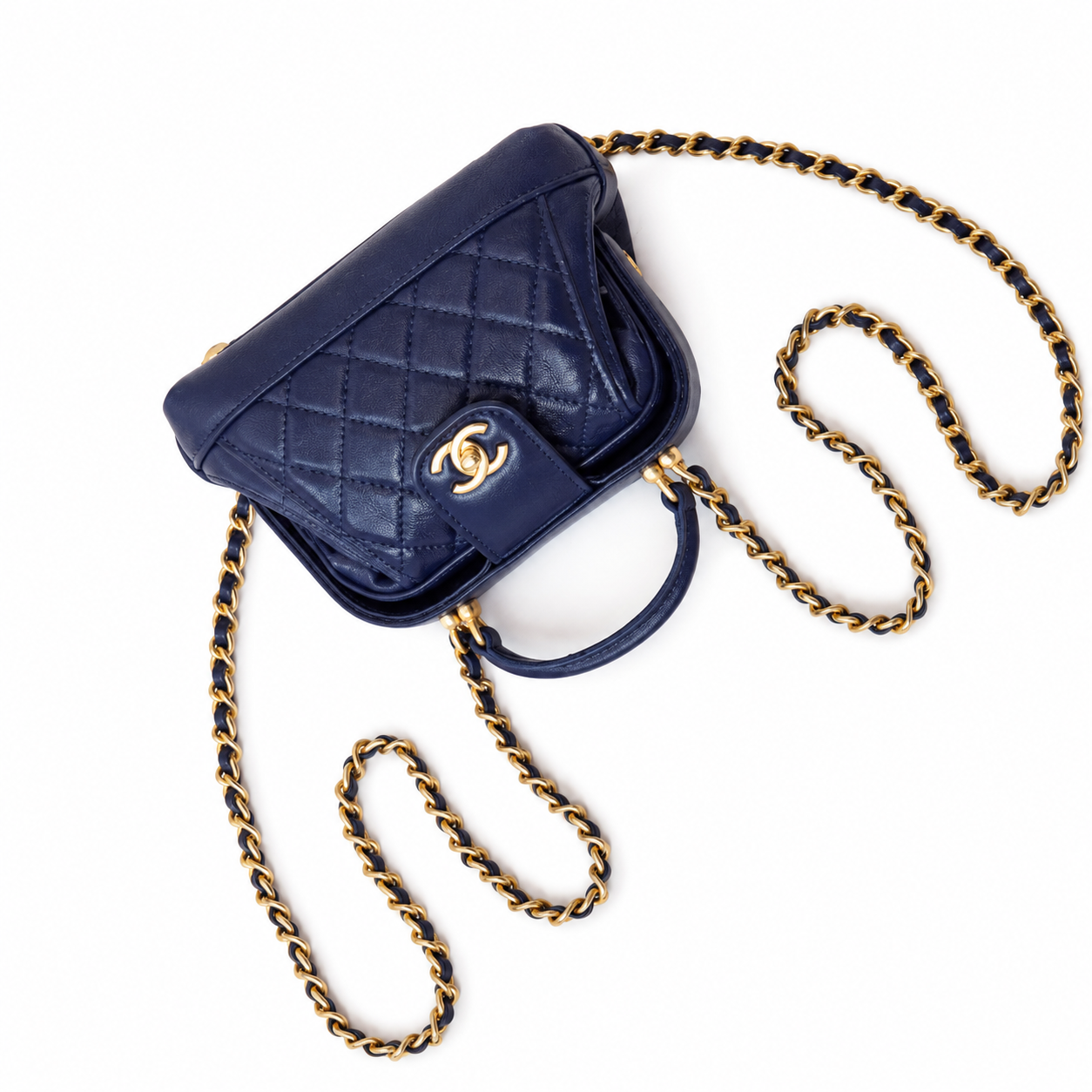 Chanel Mini Top Handle Box Bag | CC Turn-Lock Gold Chain Navy Blue — 9x13cm