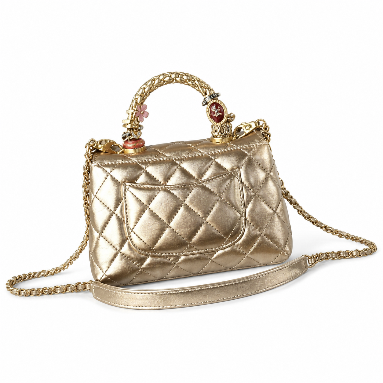 Chanel Champagne Gold Quilted Lambskin Mini Flap | Camellia Turn-Lock & Jeweled Handle — 19cm