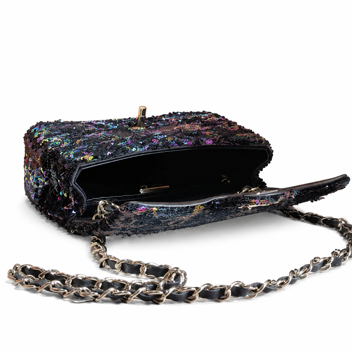 Chanel Black Aurora Borealis Iridescent Sequin Flap Bag | Colour-Shift Gold CC Turn-Lock & Silver Chain