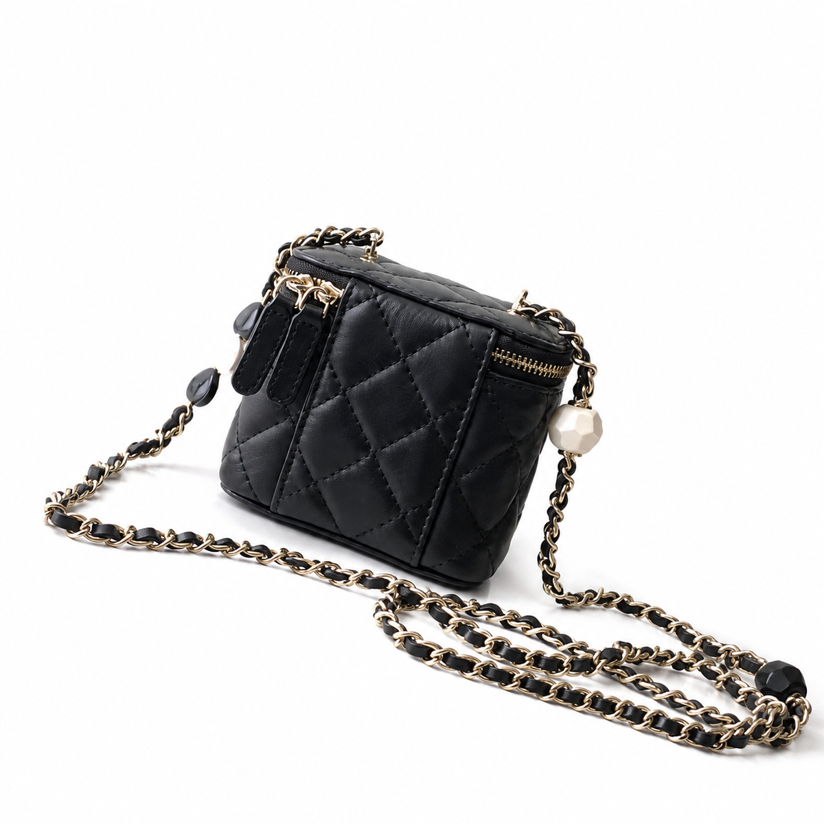 Chanel Quilted Vanity Case | Mirror Pearl Crystal Chain Silver CC Black — 11x8.5cm