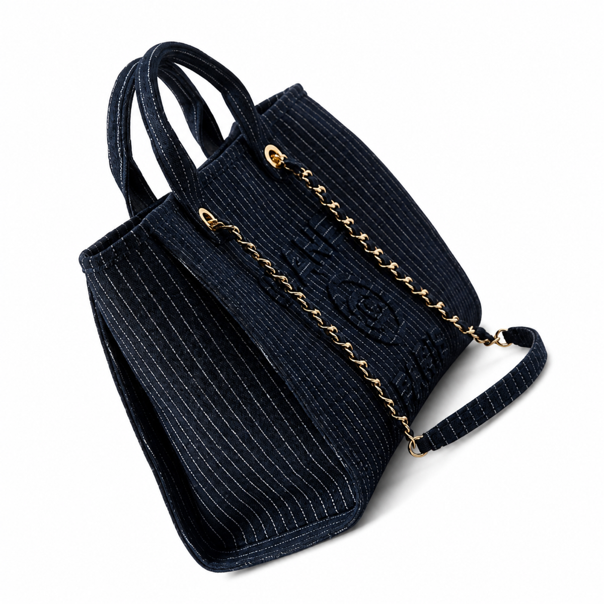 Chanel Deauville Tote Navy Pinstripe Tweed | Tonal CHANEL Embroidery — 32cm