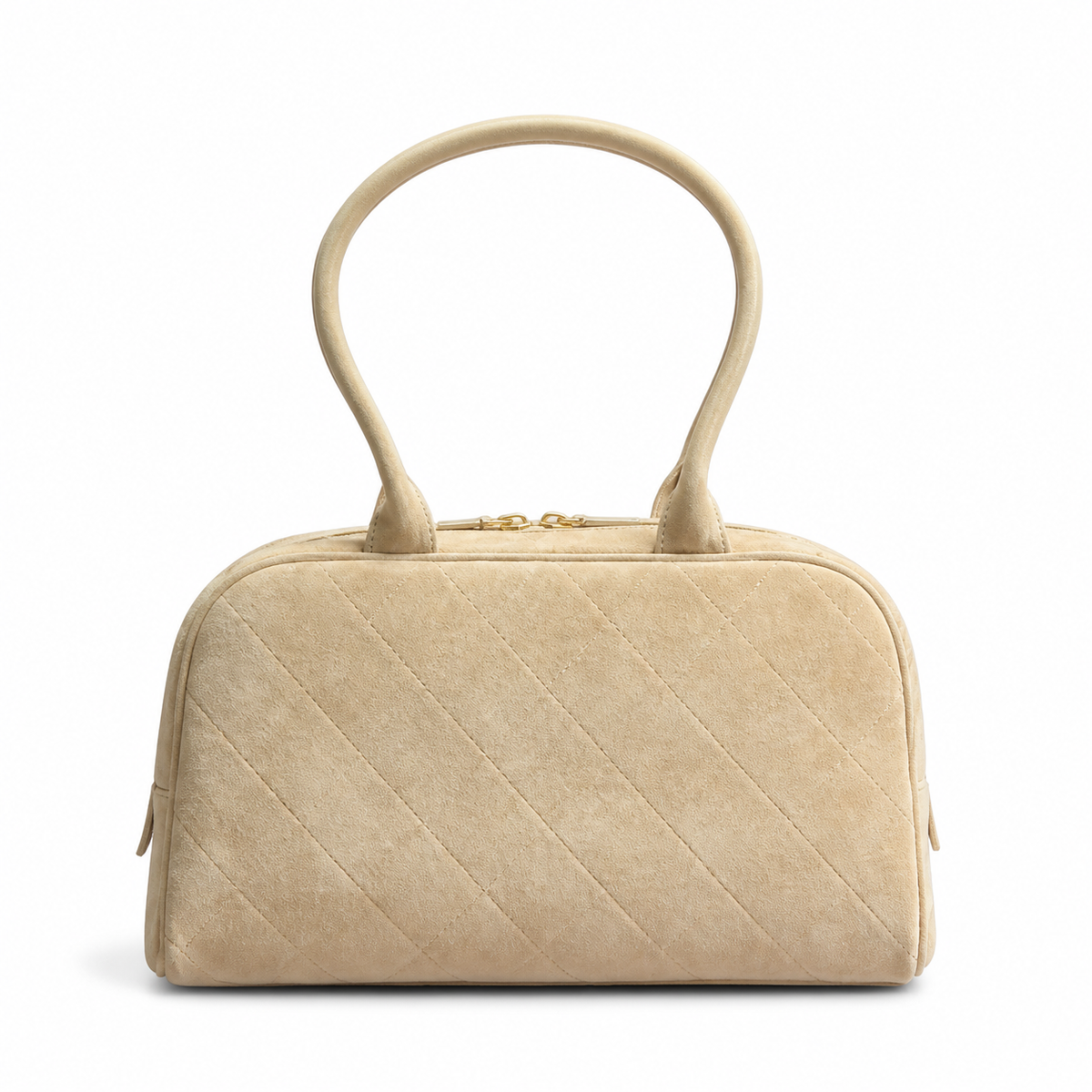 Chanel Bowling Bag Champagne Gold Diamond-Quilted Metallic Fabric | Oversized CC Logo — 29cm