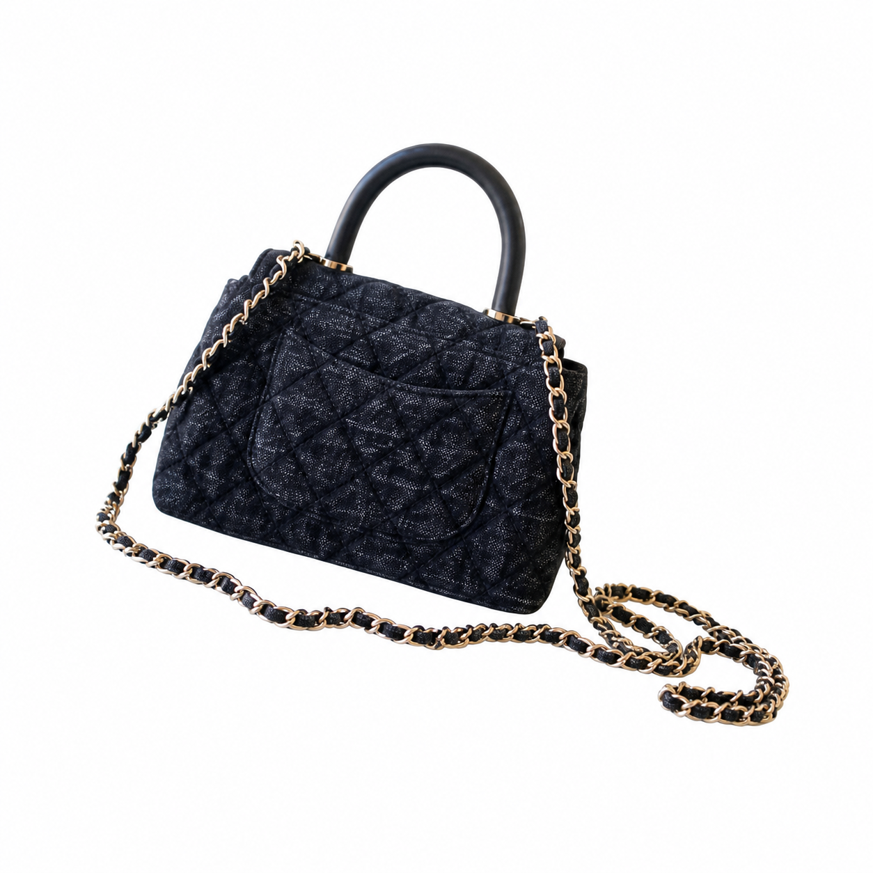 Chanel Coco Handle Quilted Denim Mini Flap | Charcoal & Gold CC — 11cm