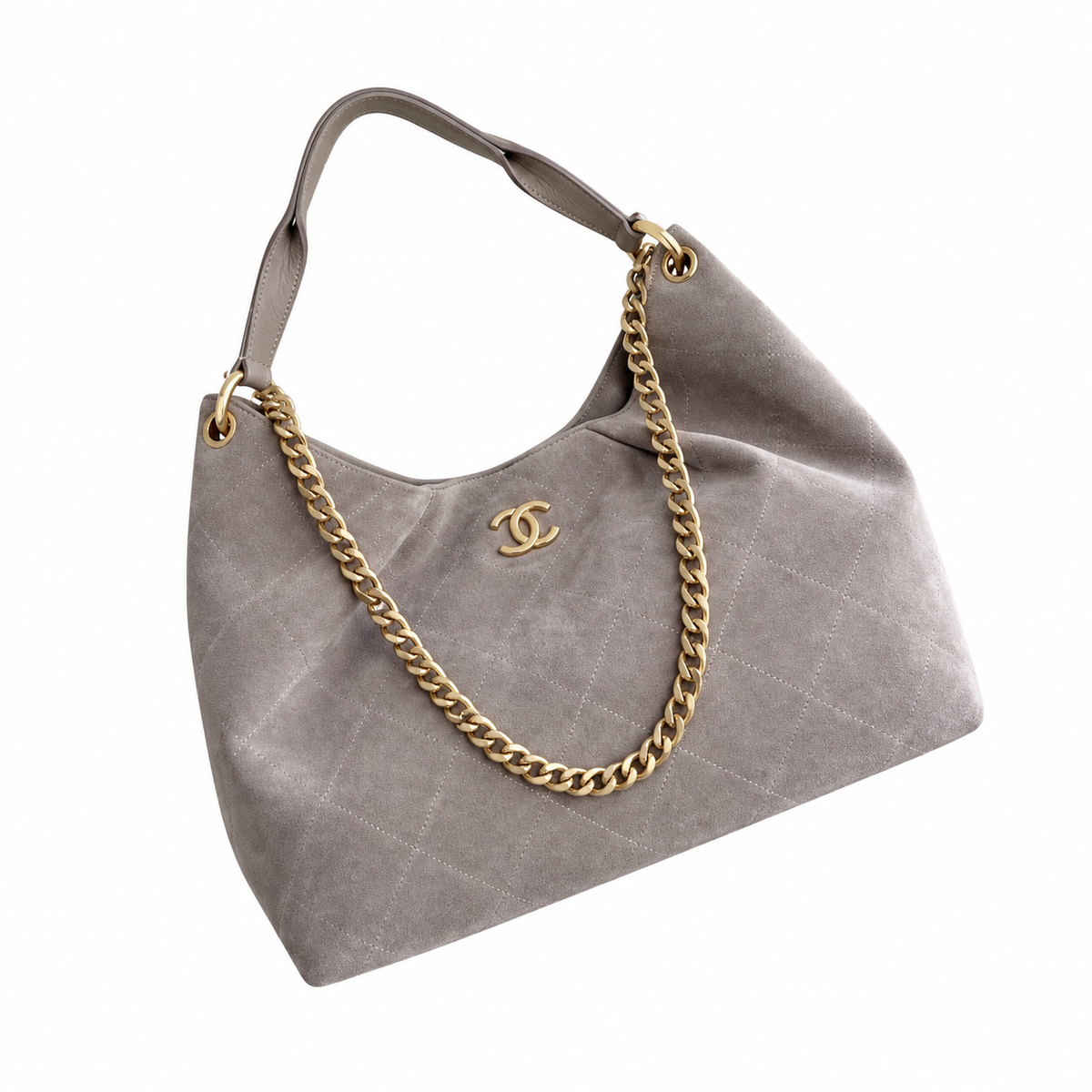 Chanel Quilted Suede Large Hobo Bag Taupe 29×35×13cm