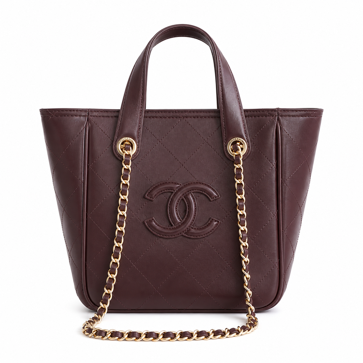 Chanel Small Shopping Tote Burgundy Oxblood Quilted Lambskin | Embossed CC & Gold Chain — 21cm